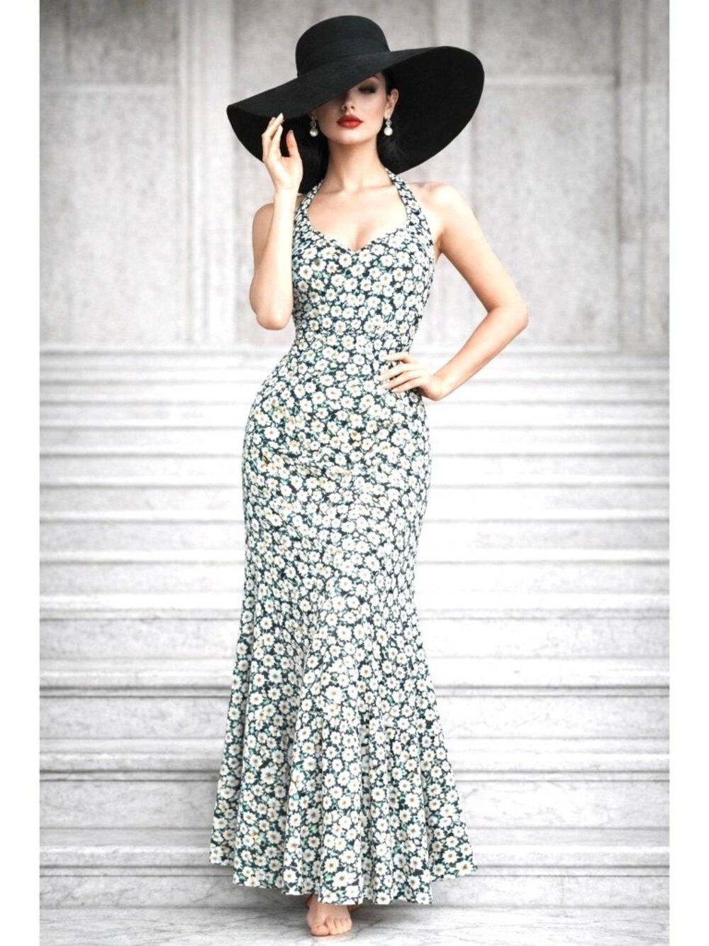 Pretty Garden M Black White Floral Halter Backless Tiered Ruffle Maxi Boho Dress